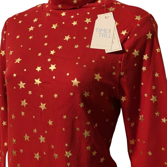 NWT Time and Tru red long sleeve turtleneck with gold foil stars - Picture 3 of 6
